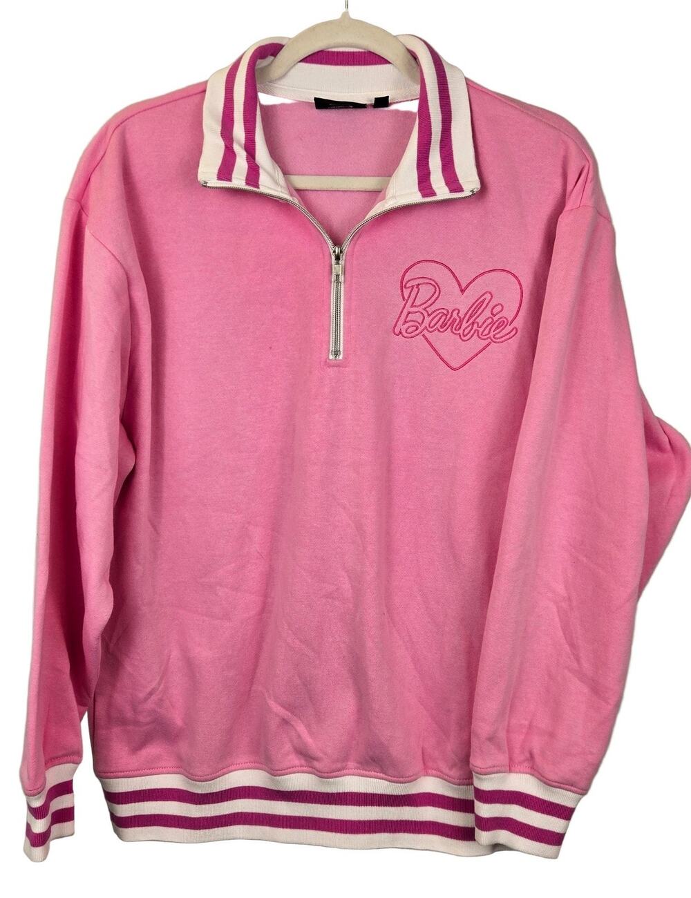 BARBIE Quarter Zip Collared Sweatshirt Pink L Embroidered Heart Logo GIRLHOODCOR